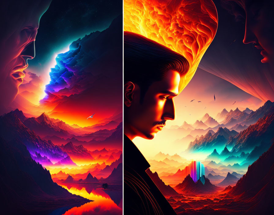 Split artistic depiction: Faces merged with mountain landscapes in cool and warm tones under a starry sky