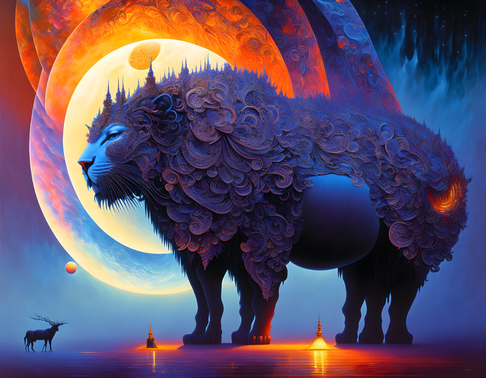 Majestic lion with intricate patterns amid vibrant planets, stag, and temples under cosmic sky