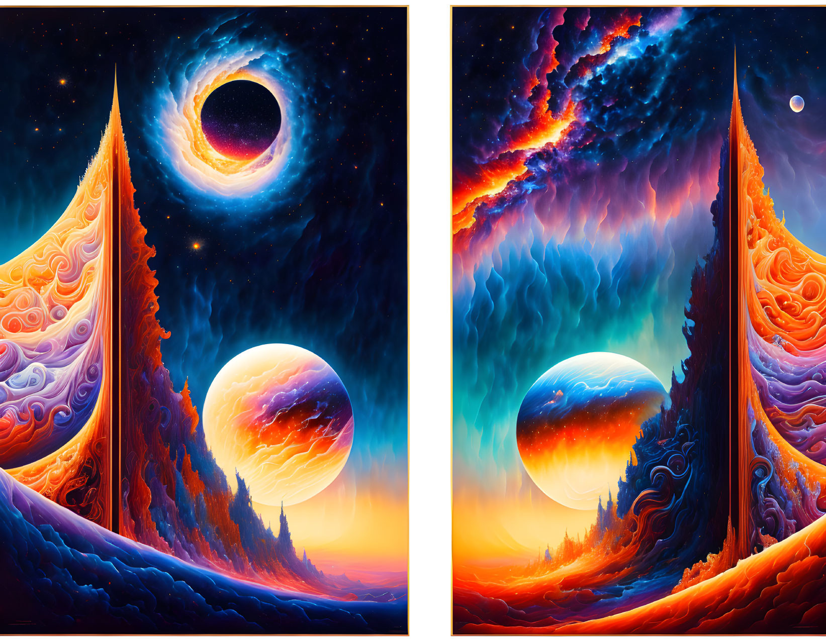 Surreal landscape with celestial bodies and swirling patterns