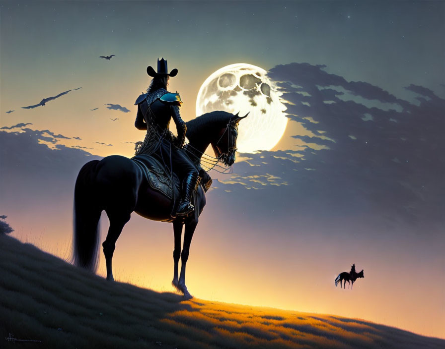 Silhouette of cowboy on horseback under full moon with birds in twilight sky