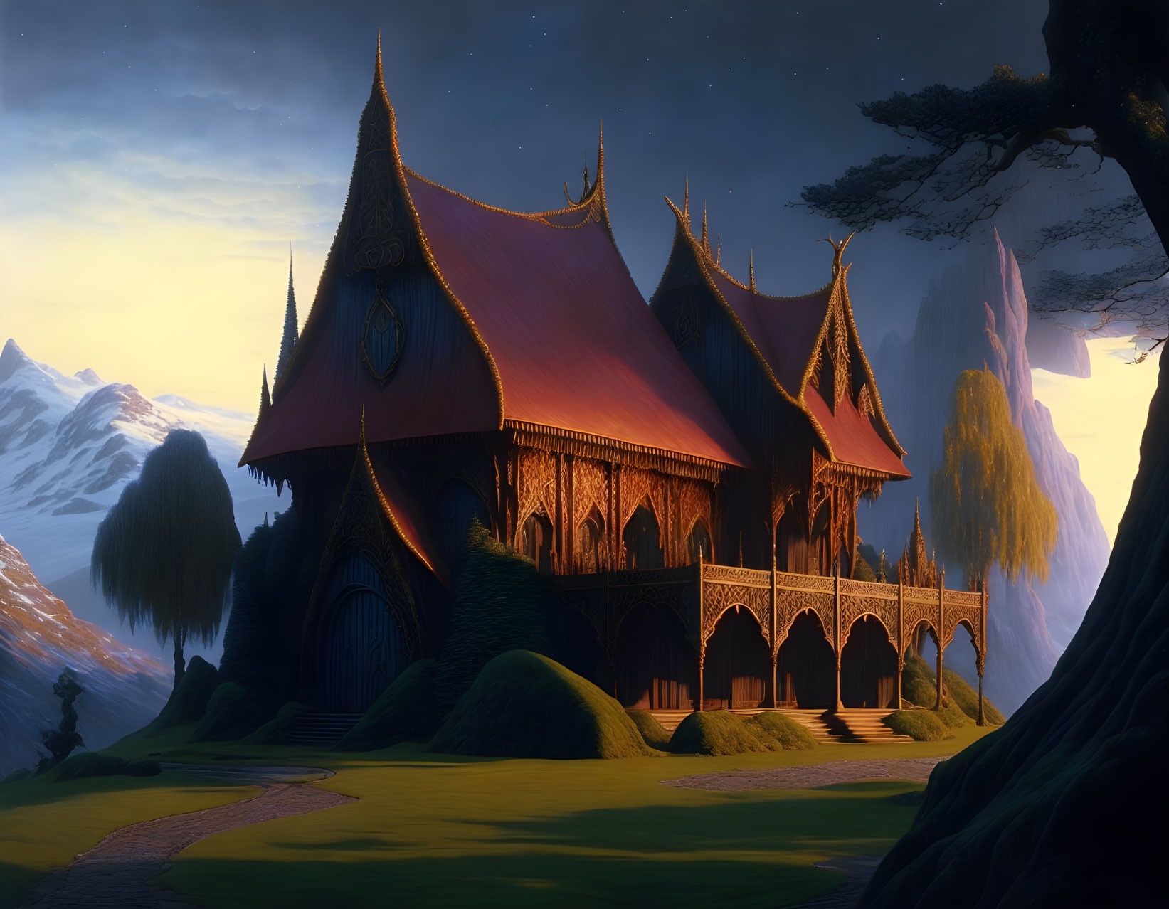 Majestic fantasy castle at twilight with glowing windows and mountain backdrop