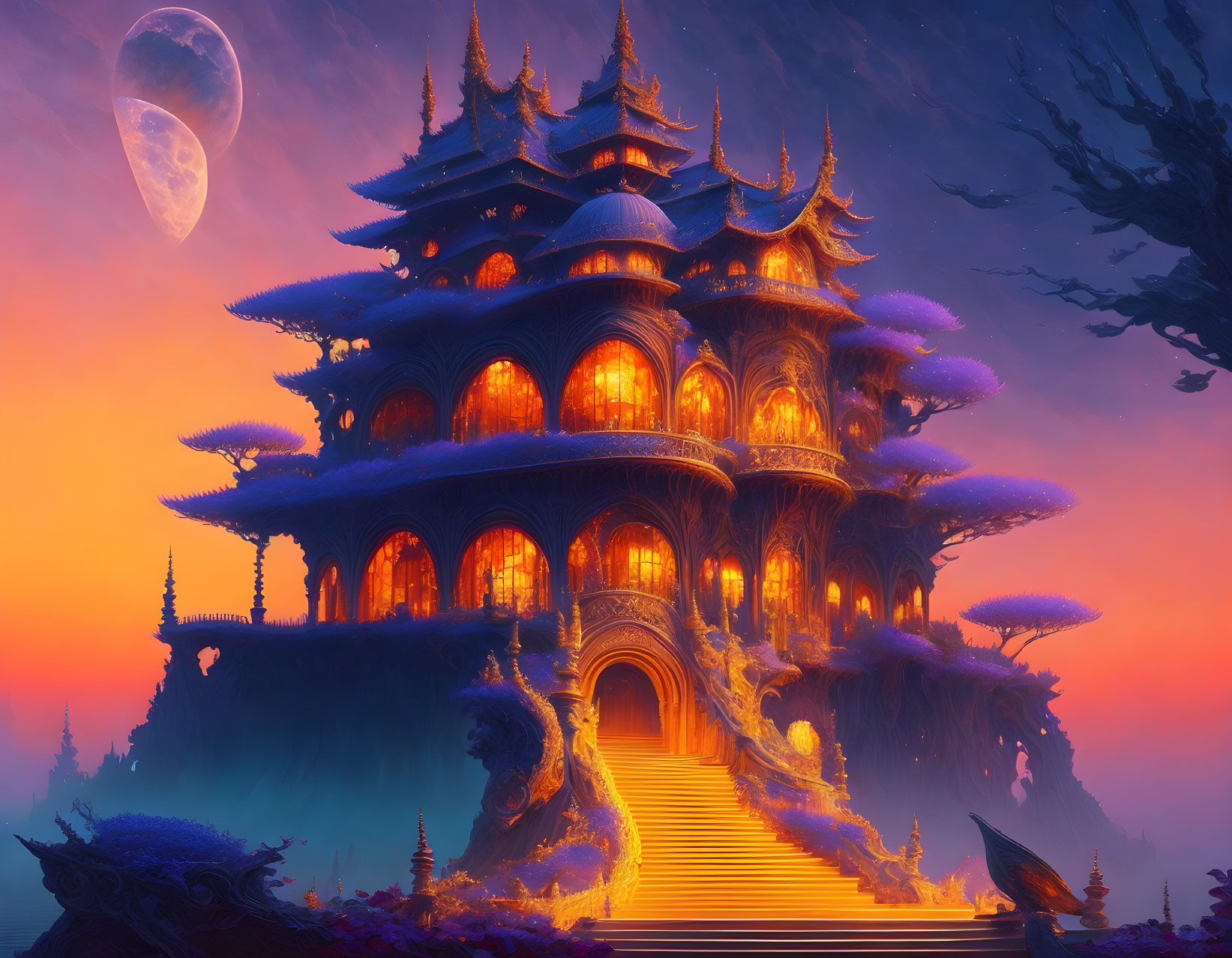 Ornate multi-tiered palace against twilight sky