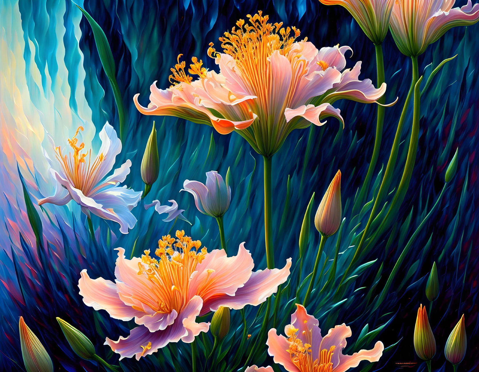 Colorful digital artwork featuring whimsical flowers with exaggerated stamens