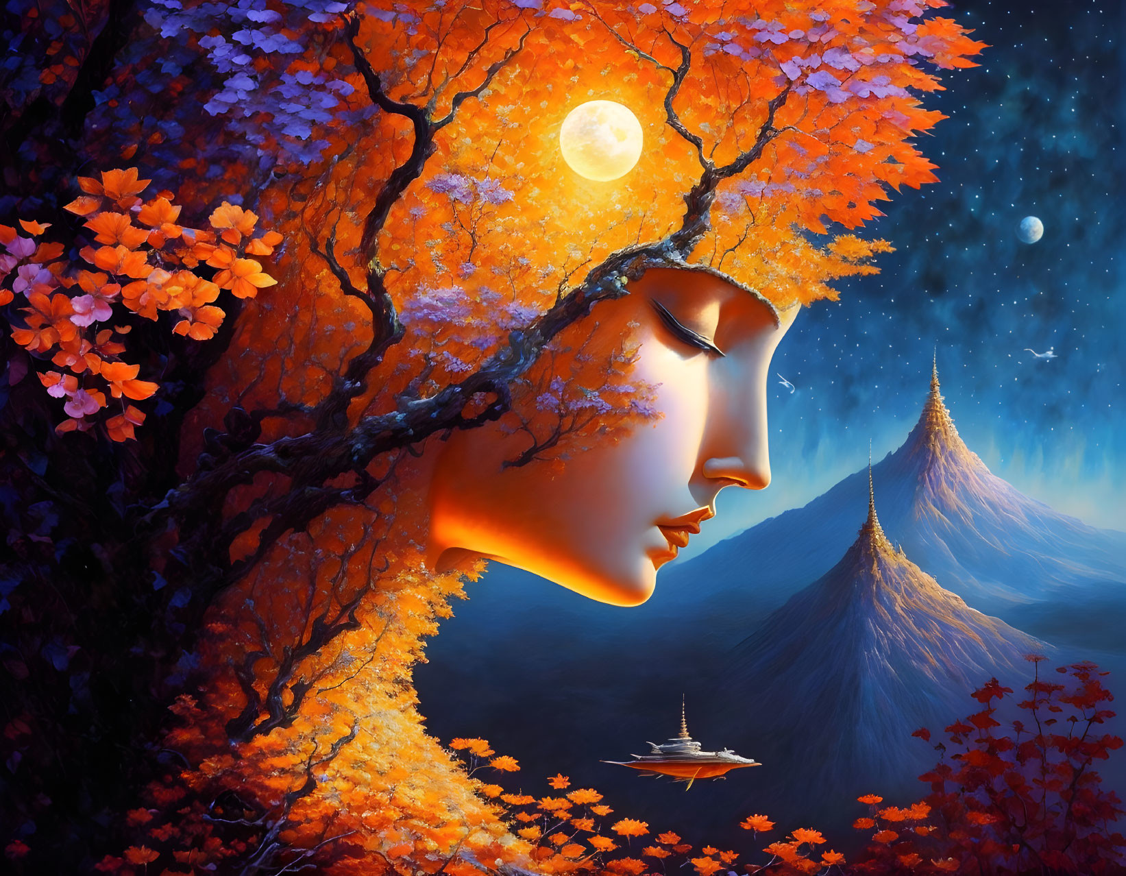 Surreal artwork: Woman's profile merges with autumn tree, moon, planet, mountain, spaceship
