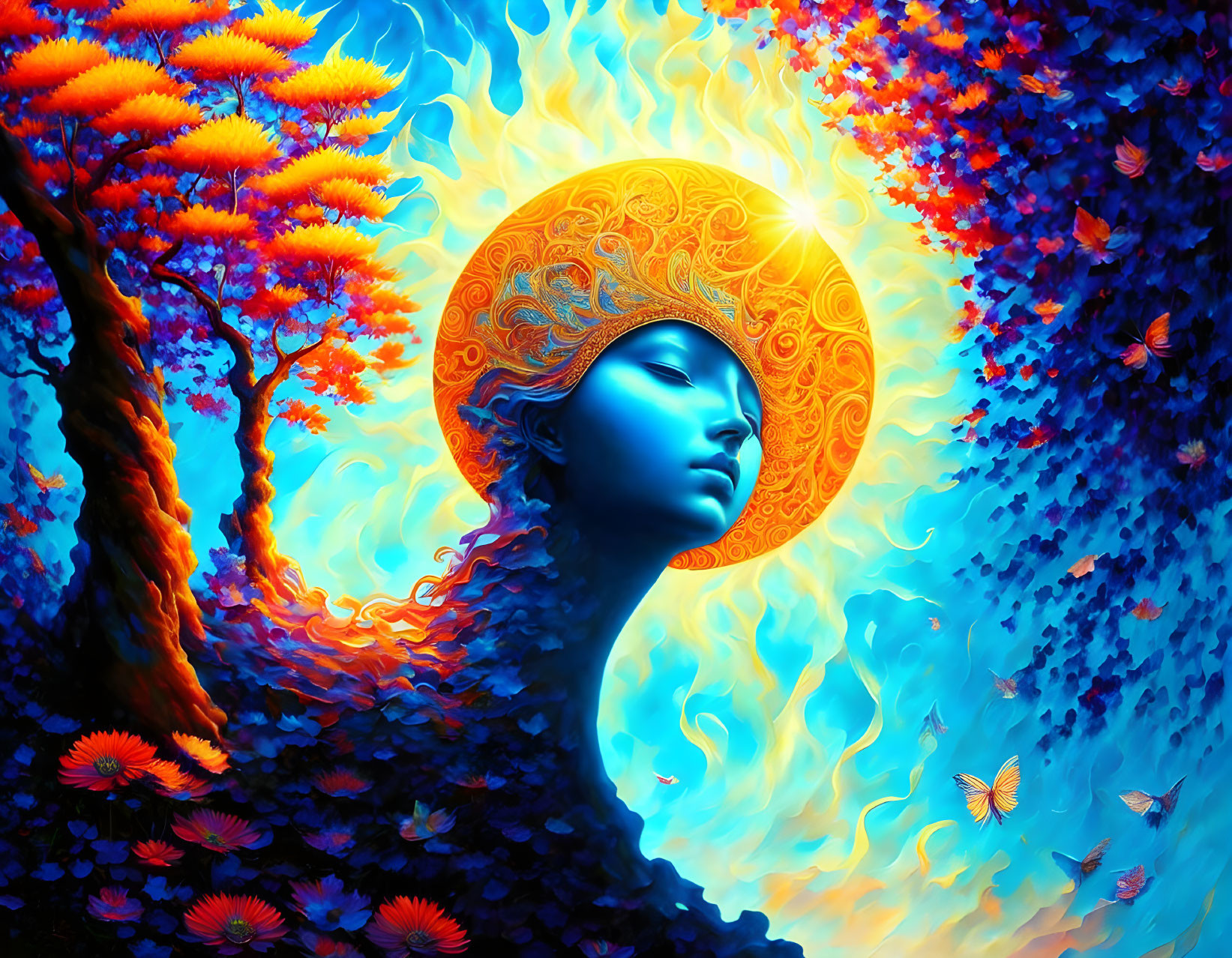 Colorful Artwork: Blue-faced Figure with Sun Halo, Autumn Trees, Butterflies