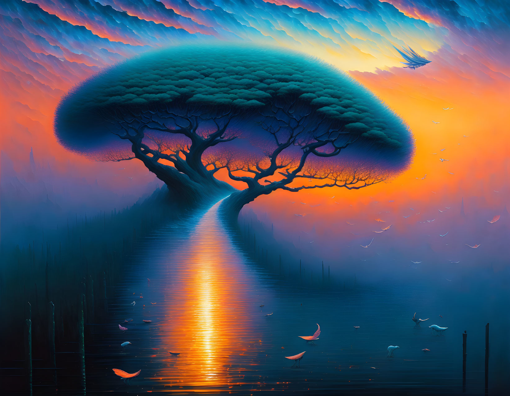 Illustrated tree with cloud-like canopy over reflective water path, birds, blue to orange sky