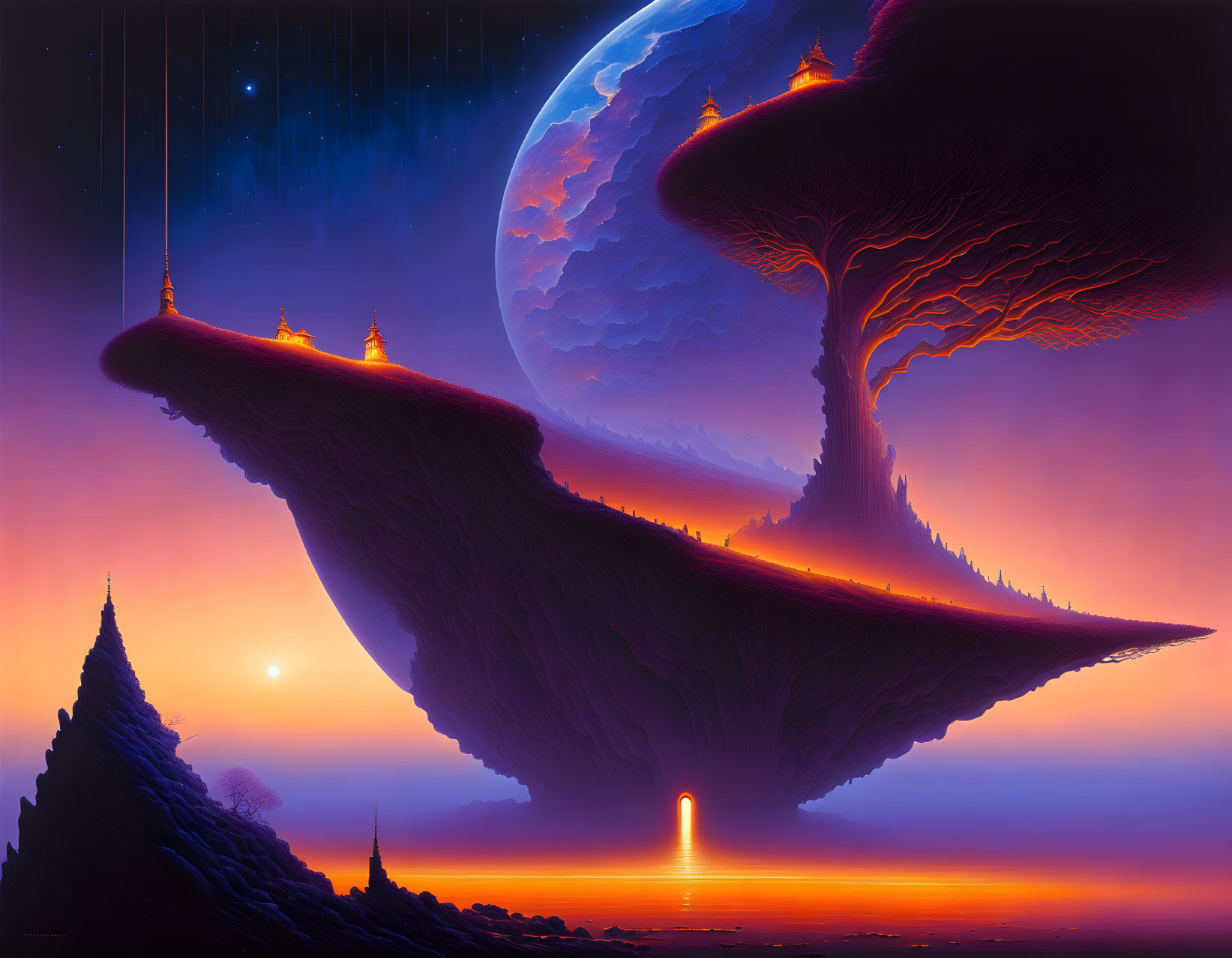 Fantastical landscape with giant floating tree island and glowing lava flow