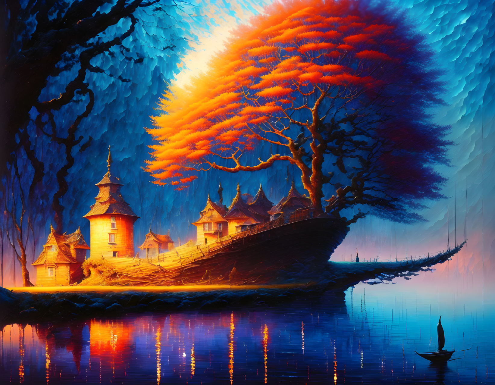 Fantastical ship-like treehouse painting under red tree canopy