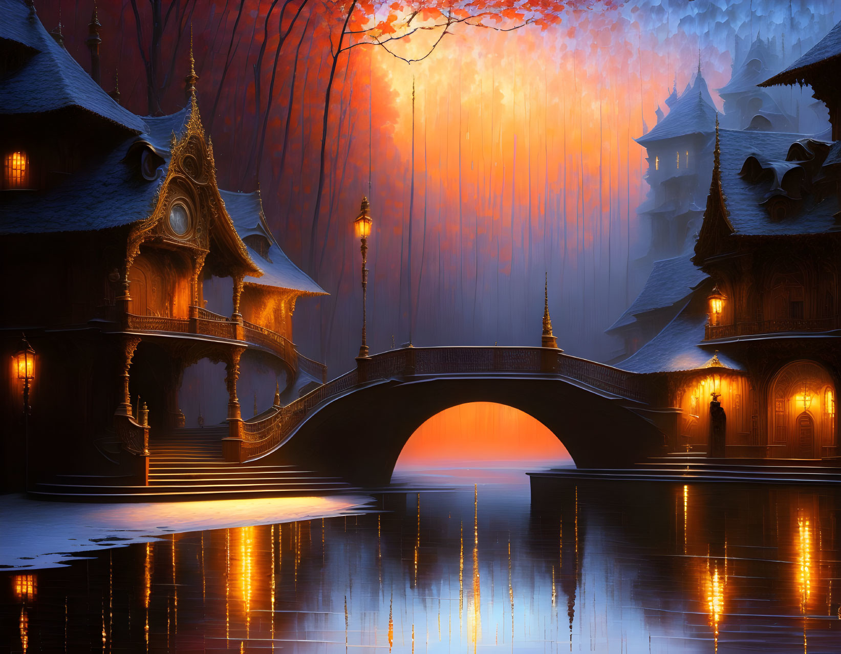Tranquil fantasy dusk scene with arched bridge and glowing buildings