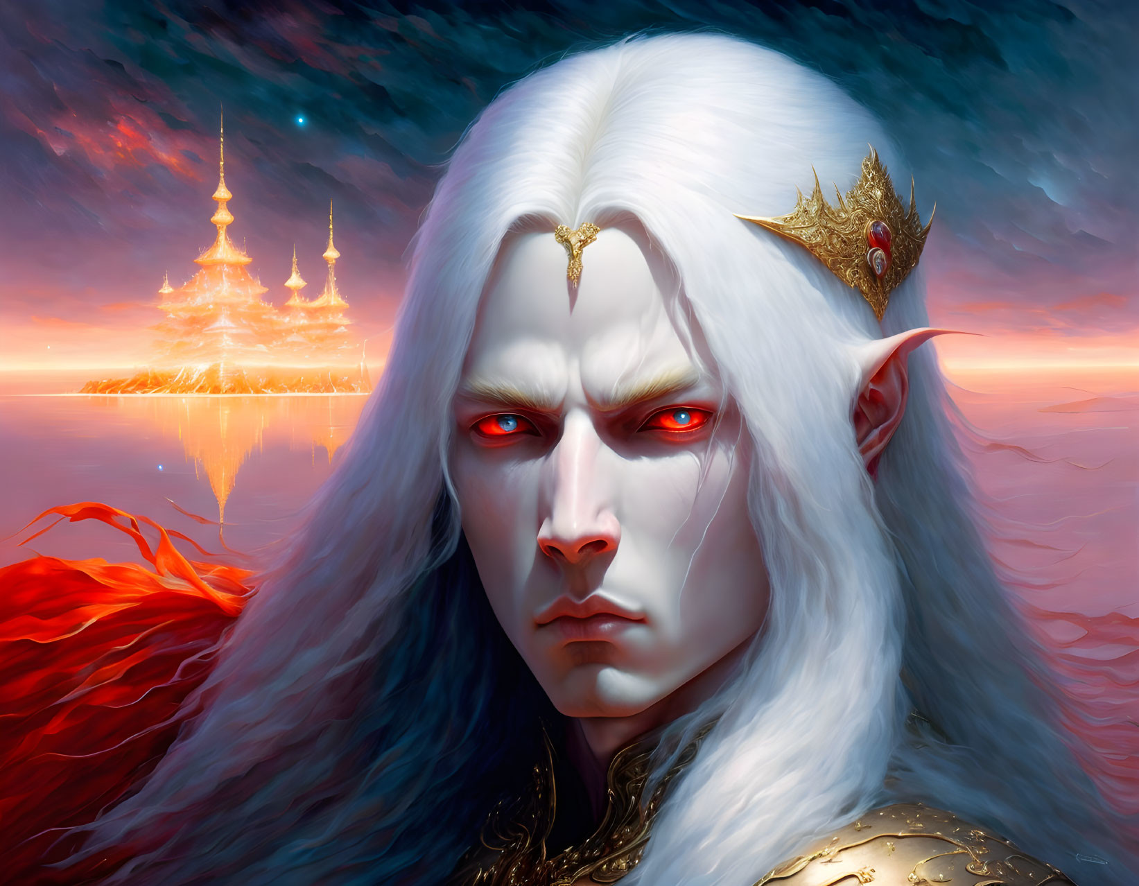 White-haired fantasy figure with red eyes, crown, and fiery cloak in front of ethereal castle