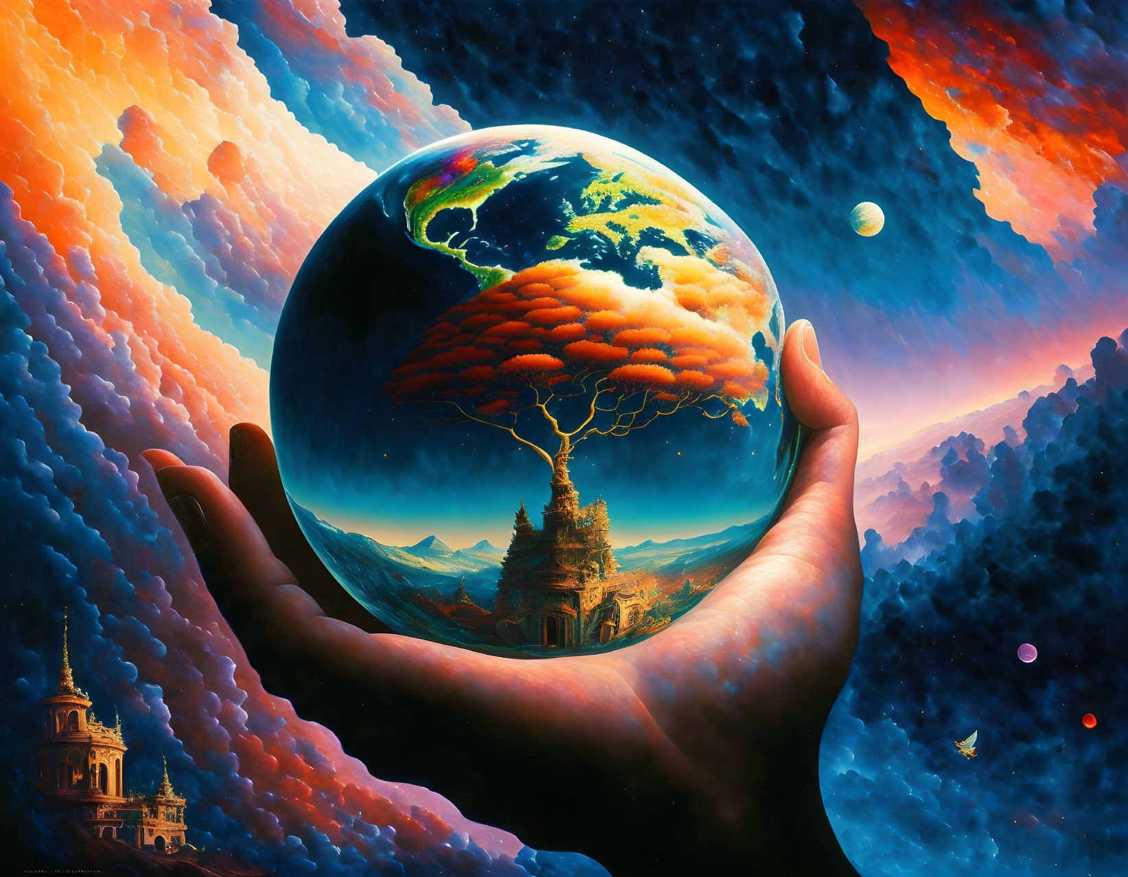 Surreal painting of hands holding earth-like globe with tree amid cosmic clouds