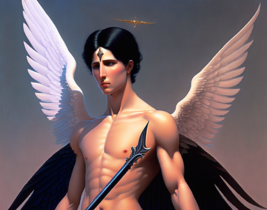 Serious person with black hair, white wings, holding a stylized sword