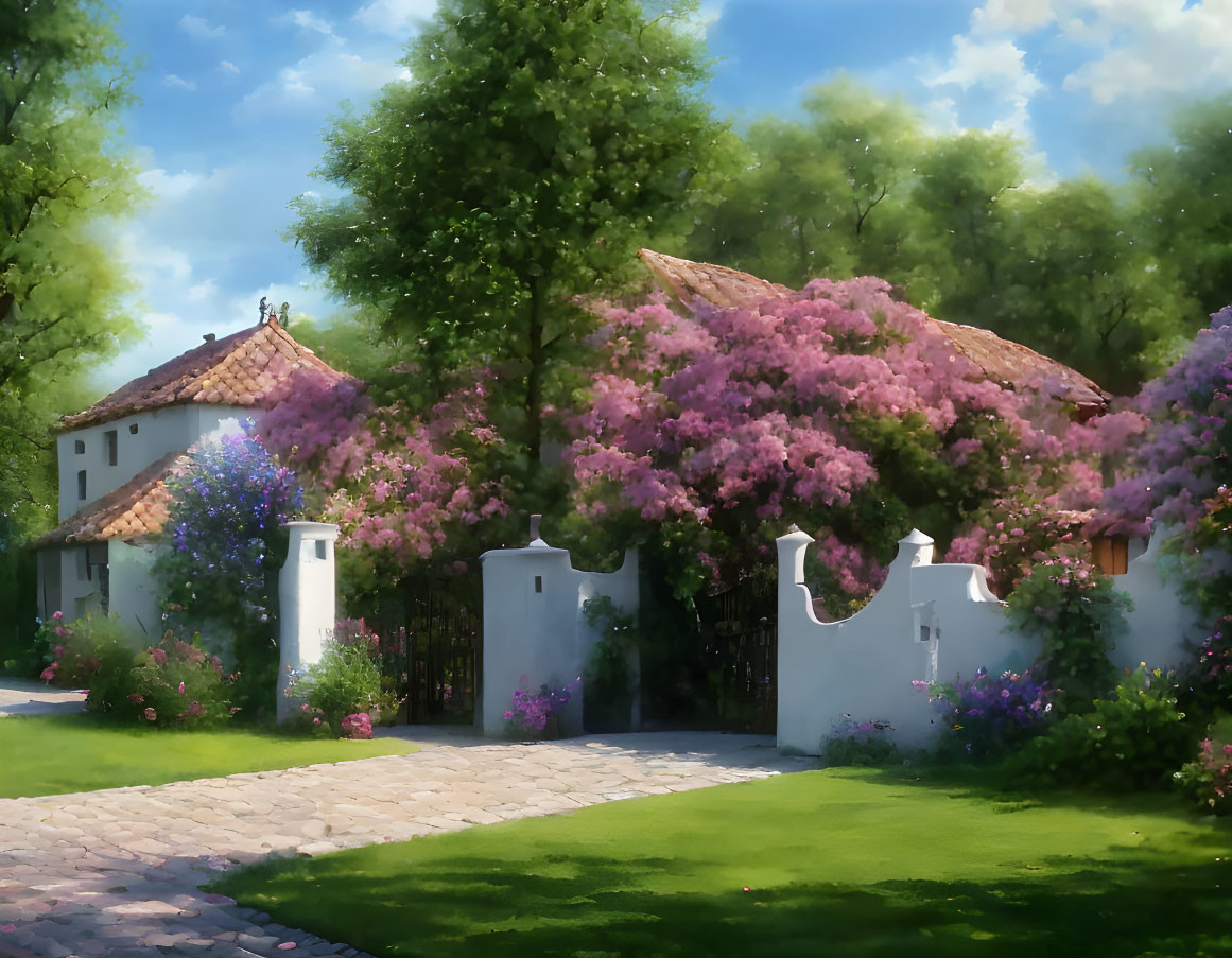 Tranquil cottage with blooming purple bougainvillea in lush greenery