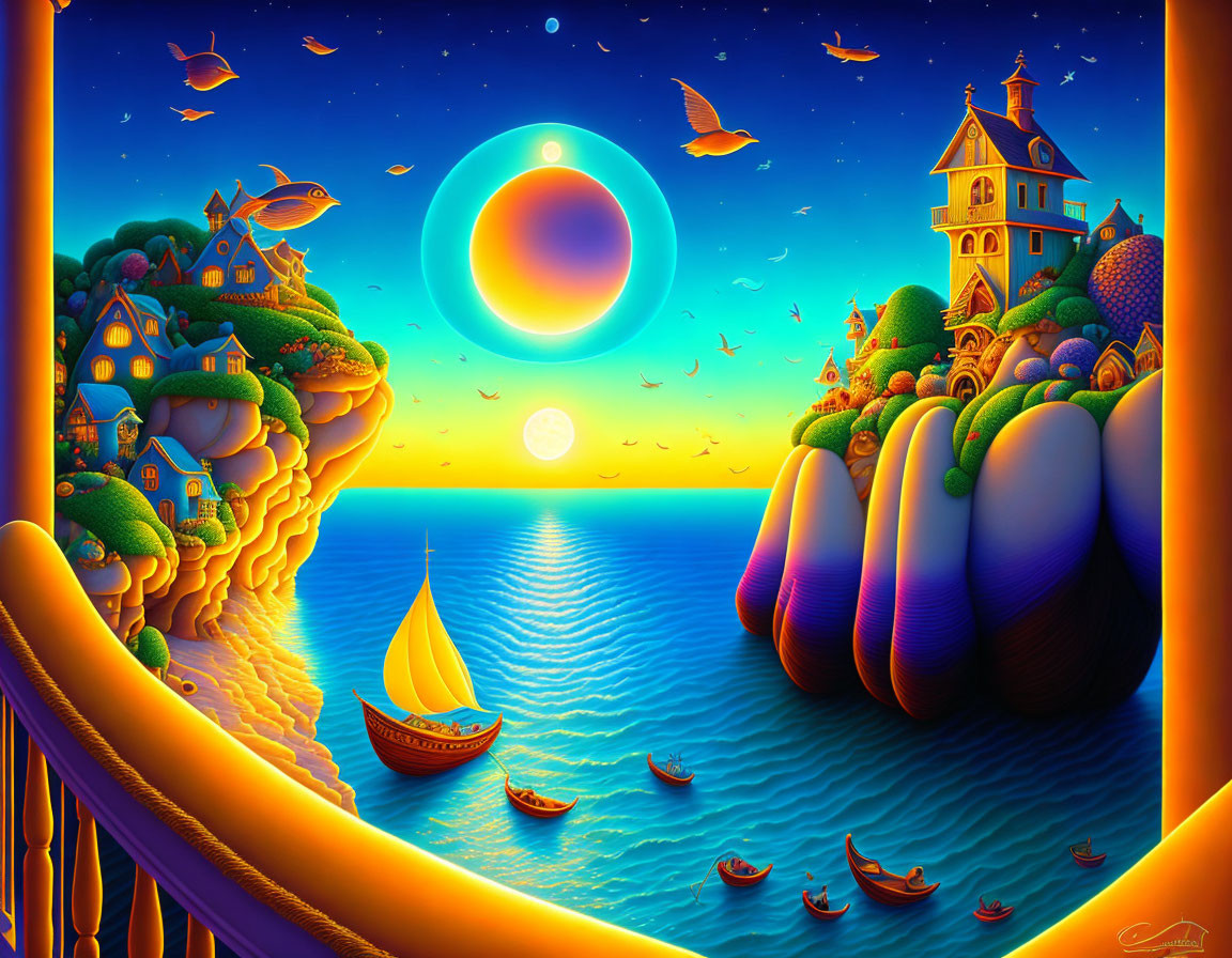 Colorful Painting of Sailing Boat on Blue Sea with Cliff-Top Houses