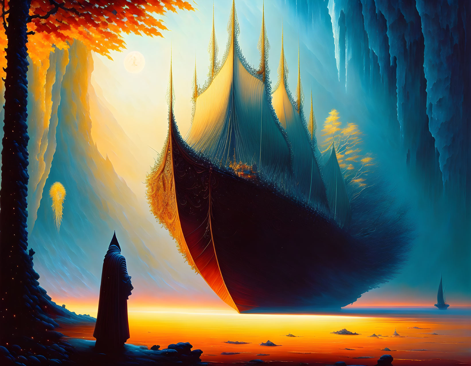 Fantastical landscape with cloaked figure and floating ship in vibrant skies