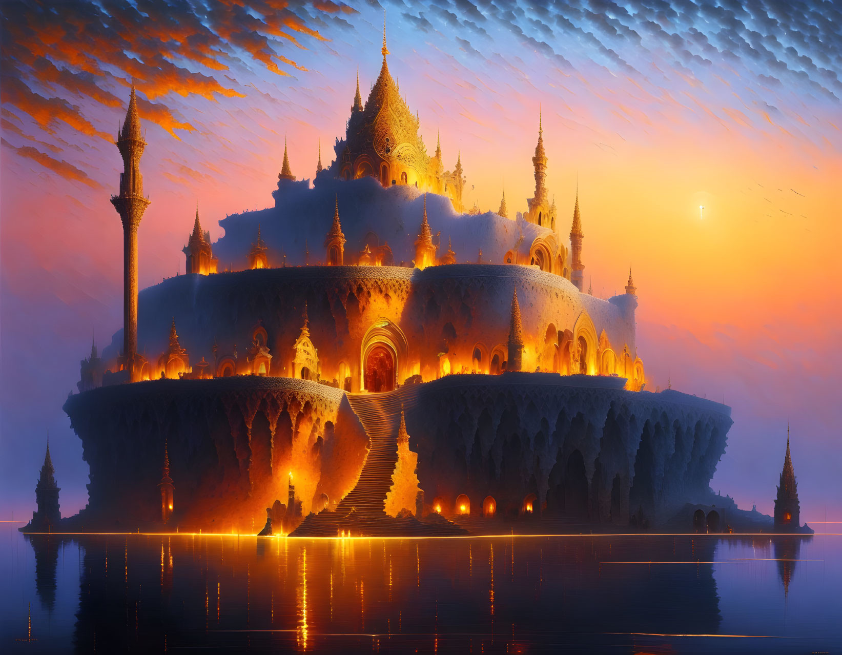 Ethereal illuminated fantasy castle on reflective water at sunset.