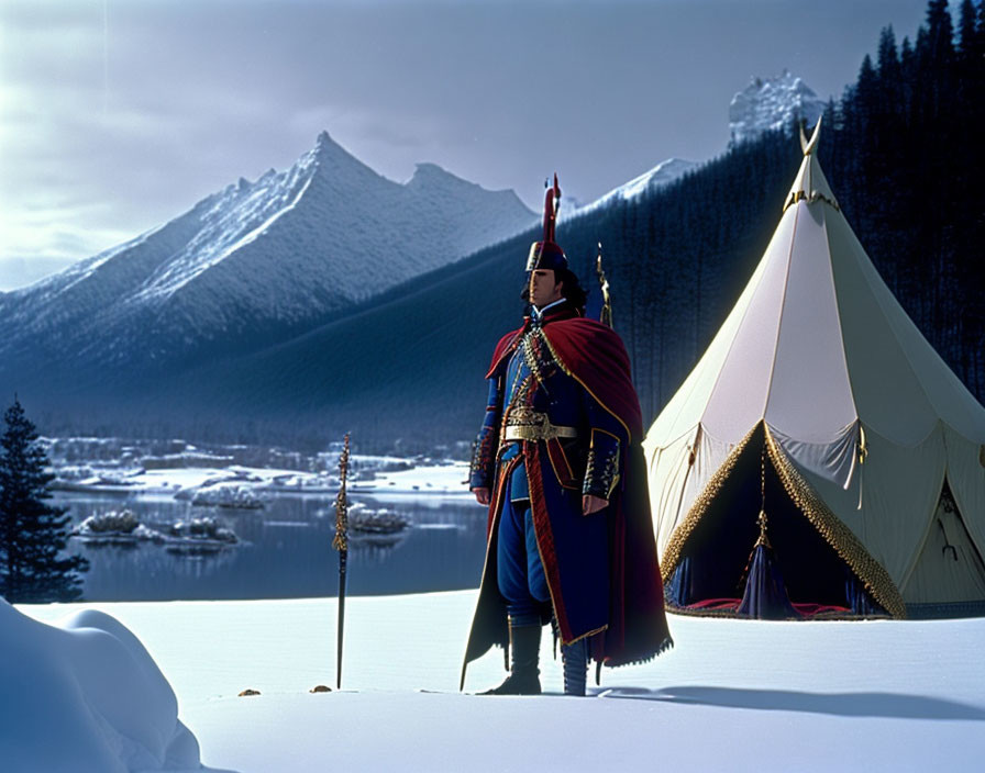 Historical military figure in snow near canvas tent, forested mountains, frozen lake