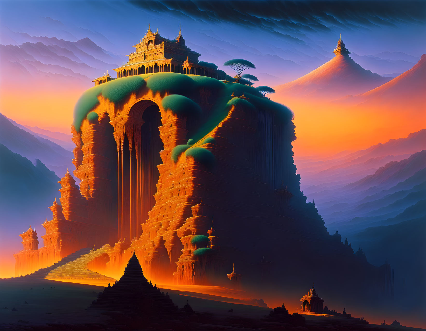 Majestic castles on towering cliffs in a fantasy sunset realm