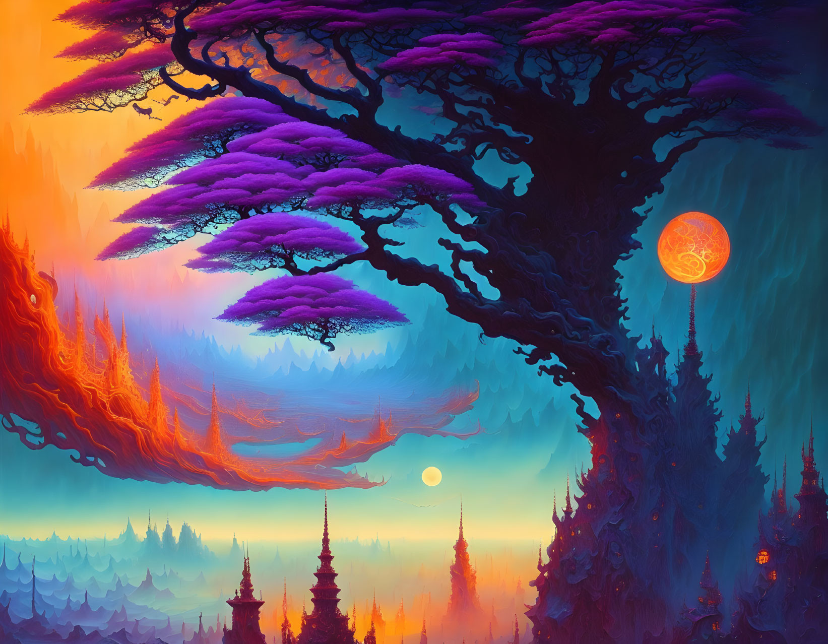 Fantasy landscape with large purple tree and fiery orange moon