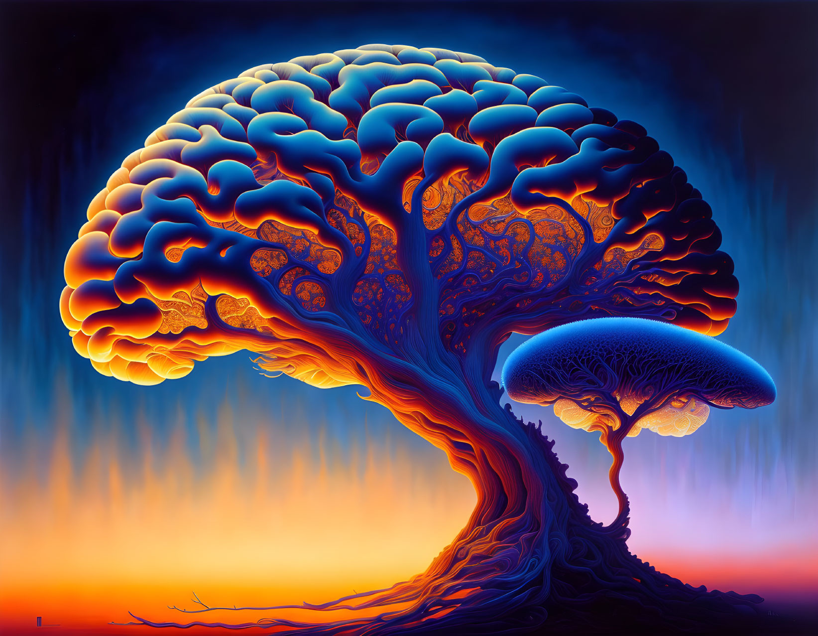 Colorful tree and mushroom illustration against sunset gradient.