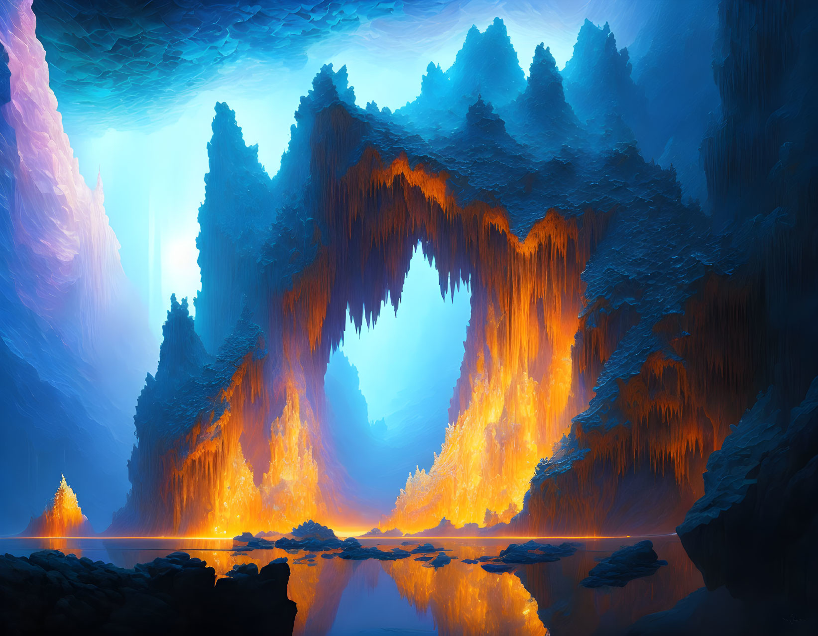 Surreal cave digital artwork with blue and orange hues and a solitary tree