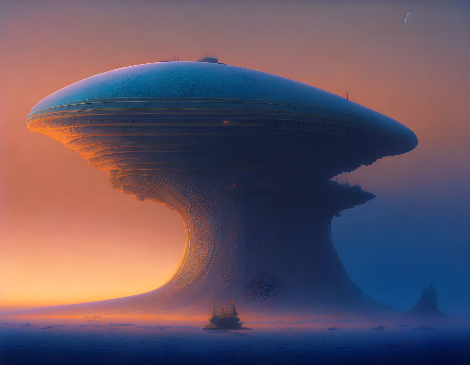 Giant Mushroom Structure Under Orange-Blue Sky