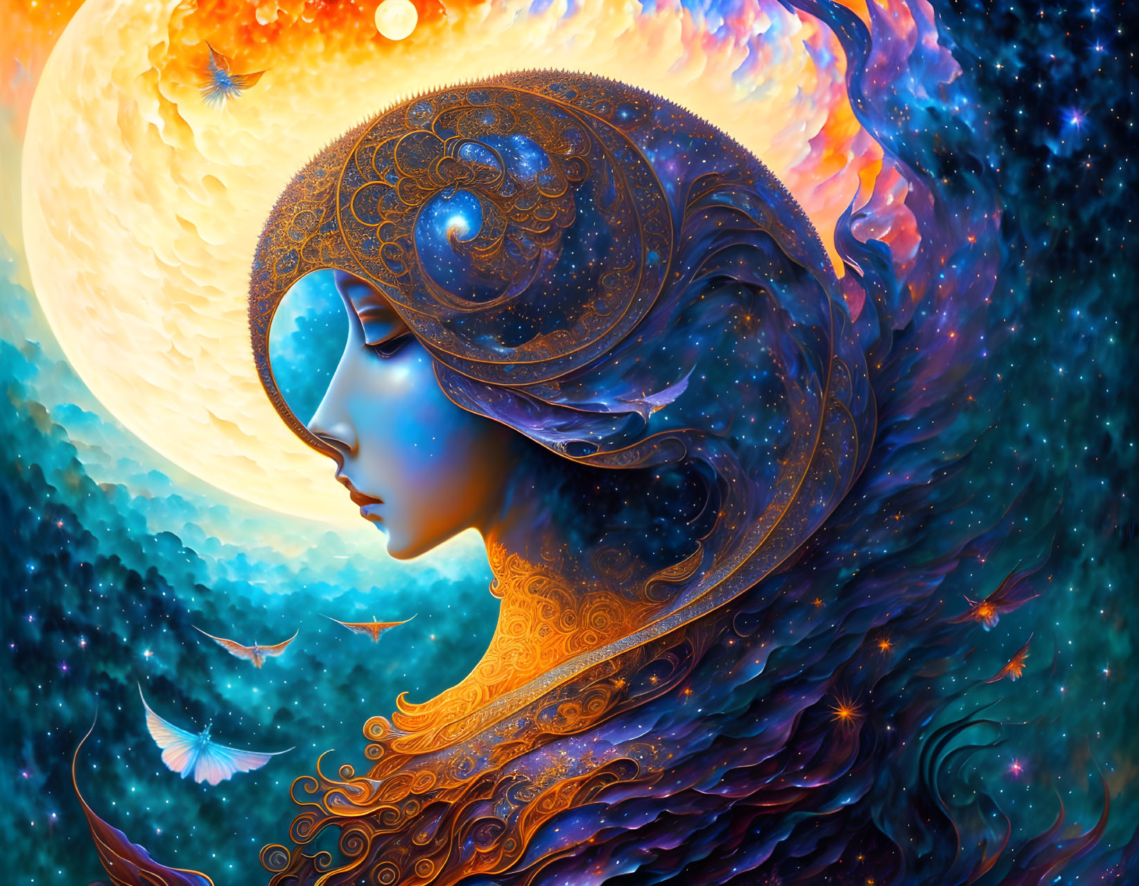 Colorful cosmic female figure merges with starry background and fiery planet