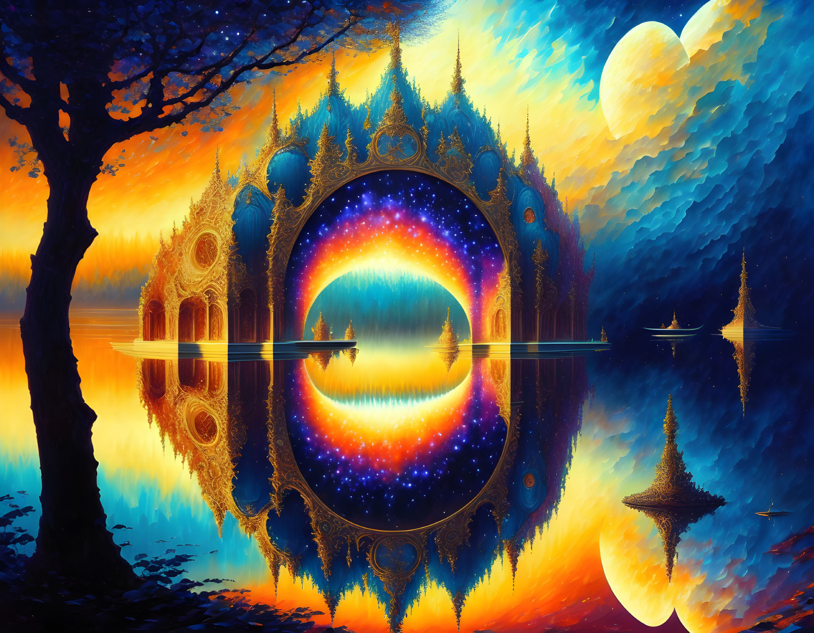 Surreal landscape with cosmic portal, lake, ornate structures, dual-toned sky, two