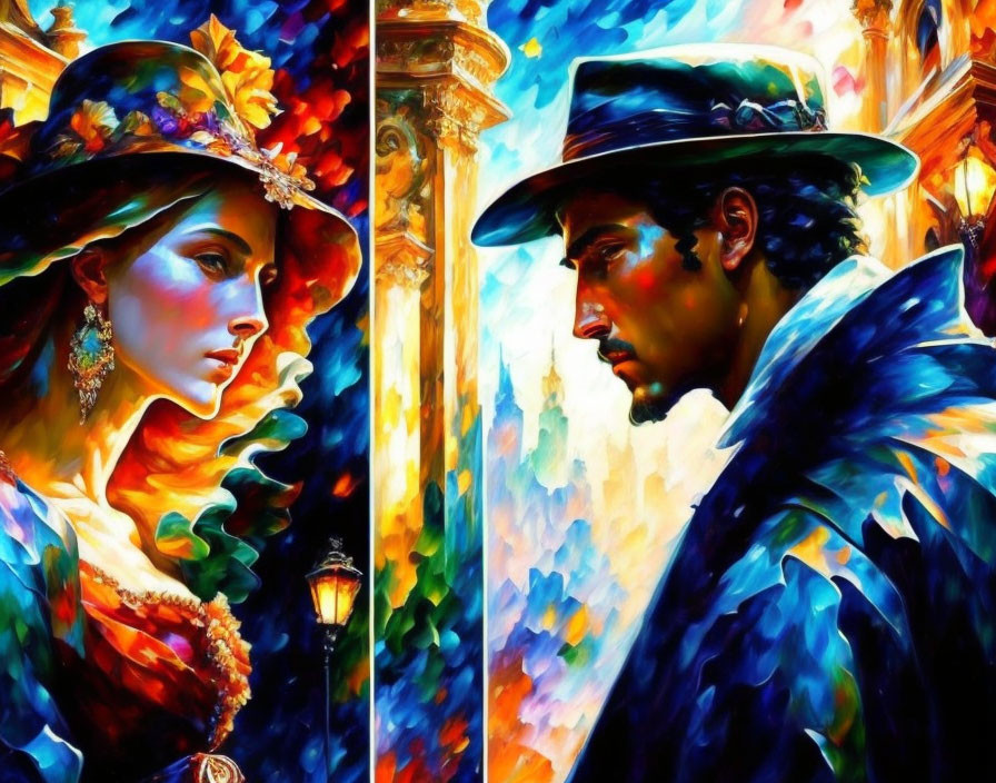 Vividly colored painting of a woman and man in hats with warm background