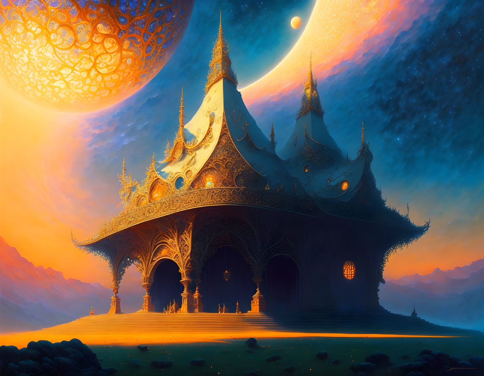 Intricate fantasy temple under celestial sky with large moon and swirling stars