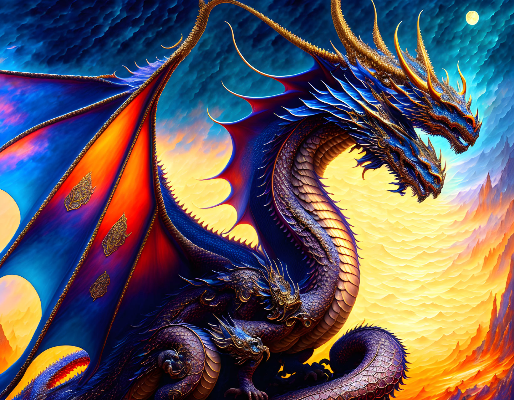 Detailed Dragon Artwork with Majestic Wings and Colorful Sky