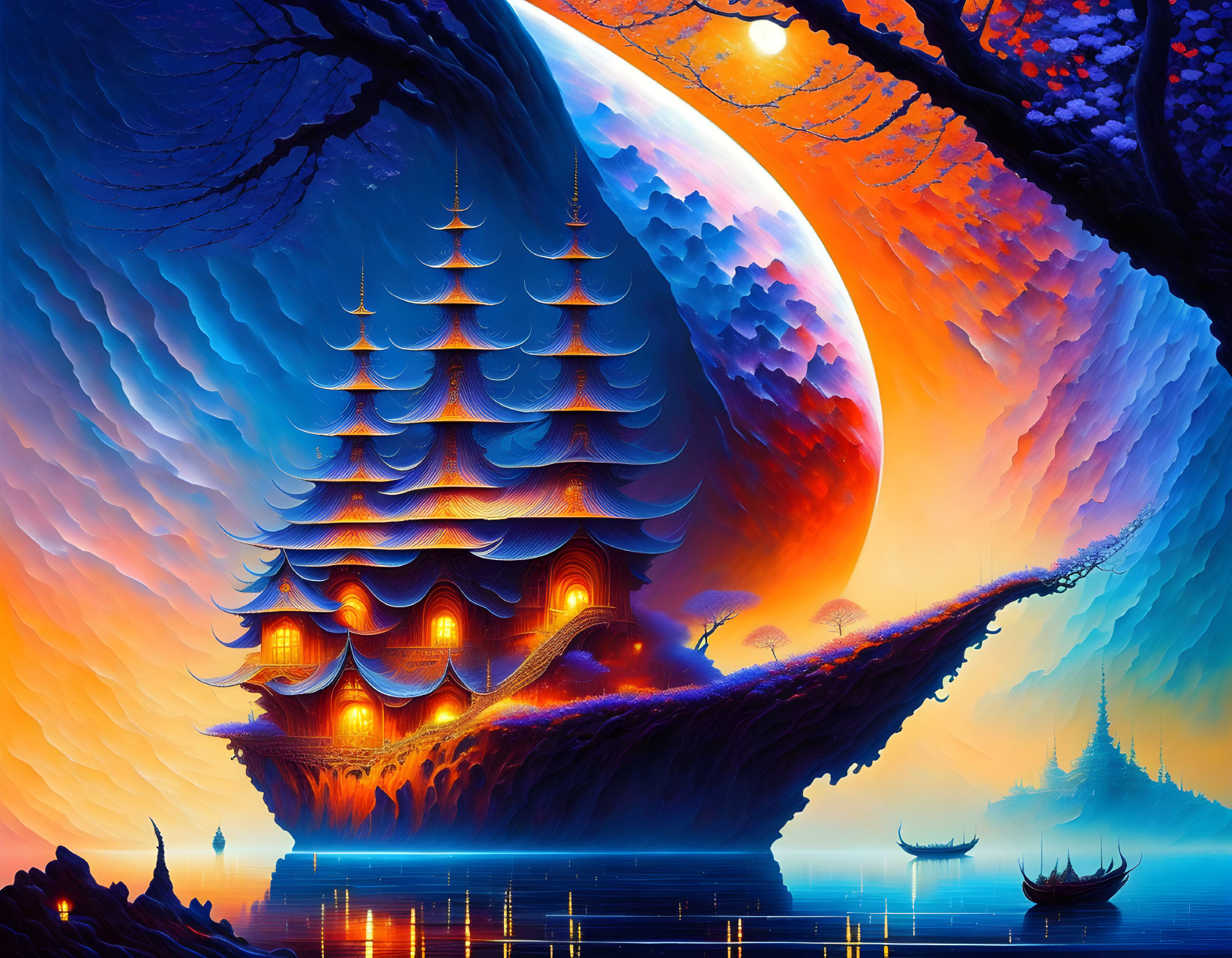 Fantasy artwork: Ship with multiple sails on leaf, serene waters, massive moon.