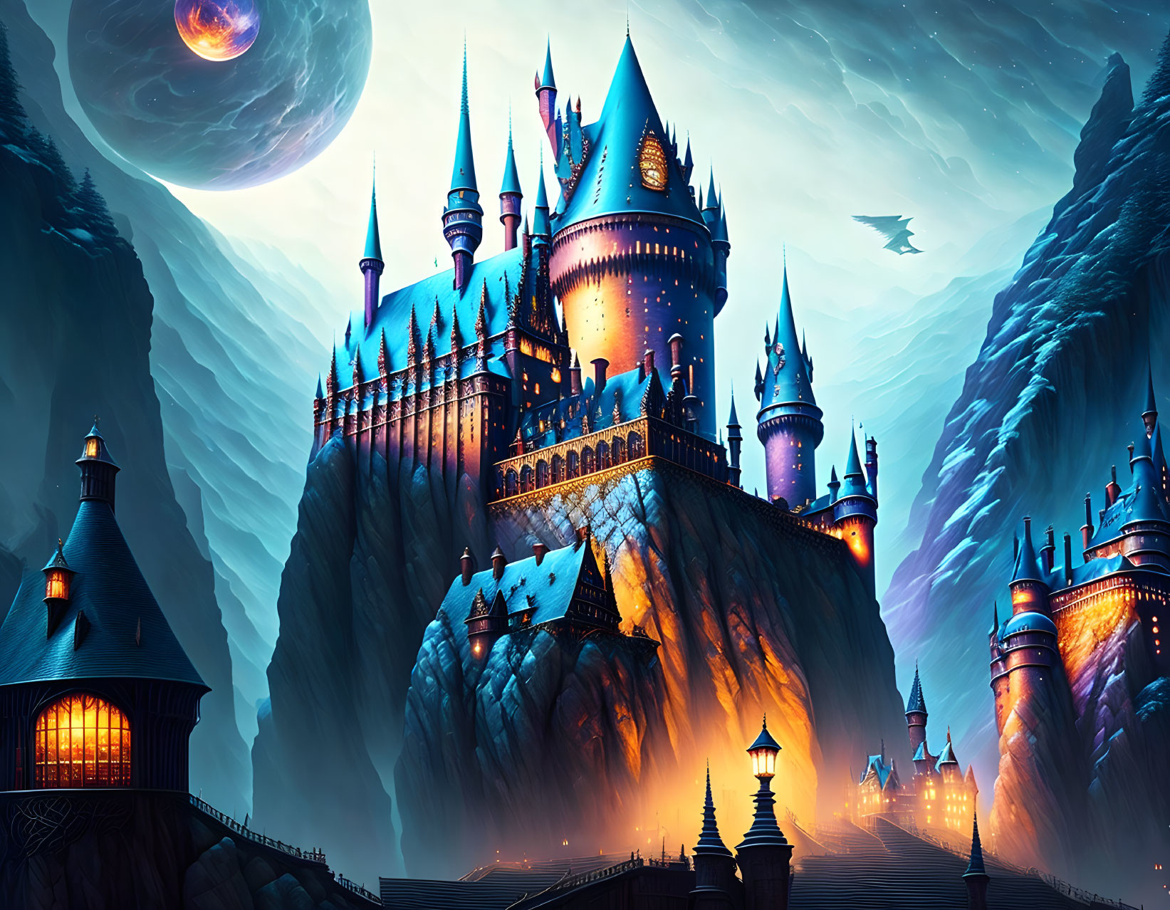 Enchanting twilight castle on cliffs with moon and flying creature