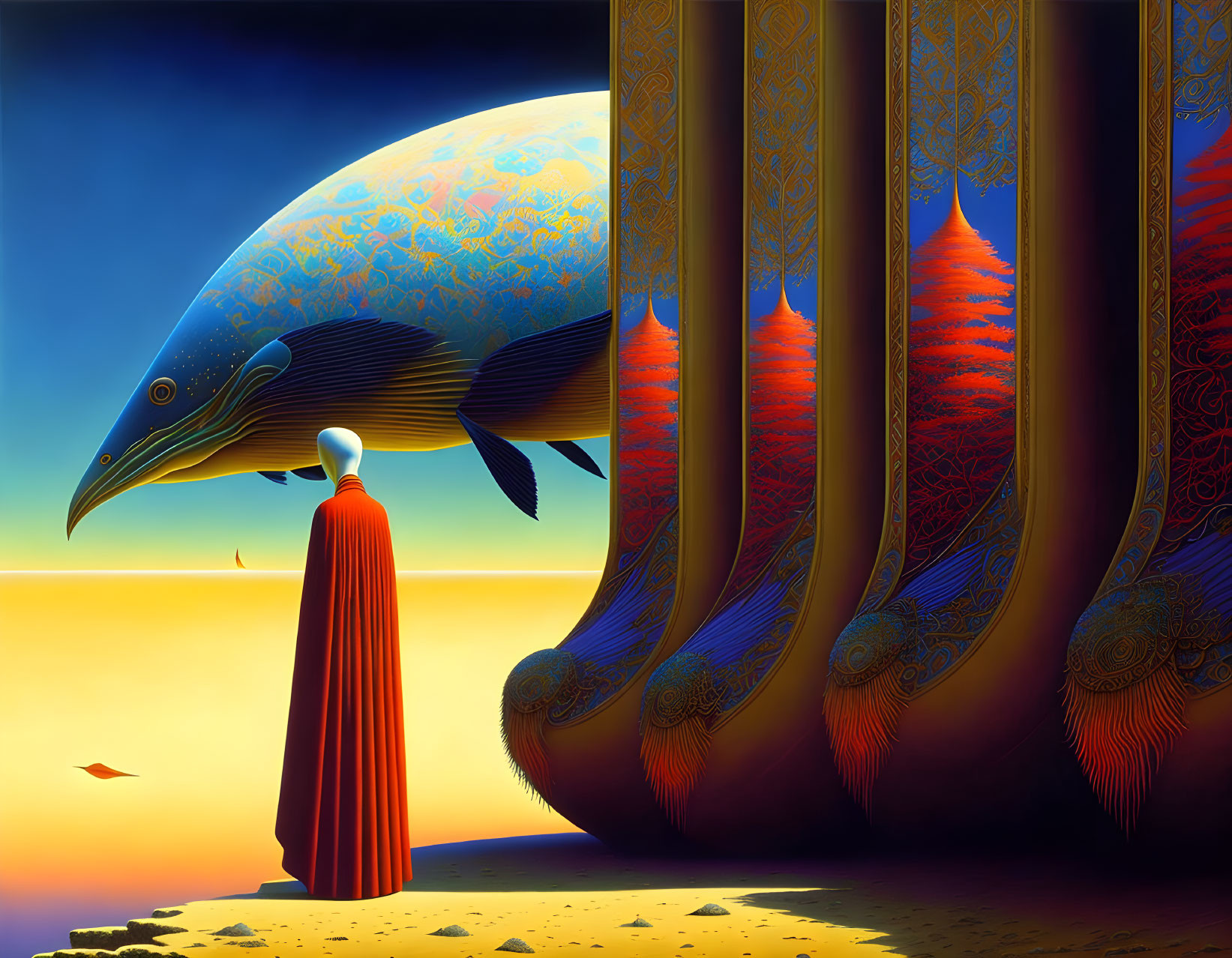 Surreal painting of figure in red cloak and giant blue fish in desert landscape