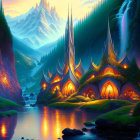 Enchanting fantasy landscape with glowing hillside houses and cascading waterfalls