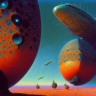 Vibrant orange and blue landscape with colossal spherical structures, two figures, and a flying craft.