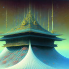 Pagoda on Mountain Peak with Waterfalls and Floating Islands