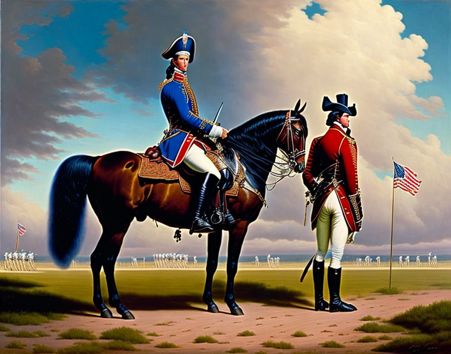 American Revolution era military figures painting with horseback figure and troops.