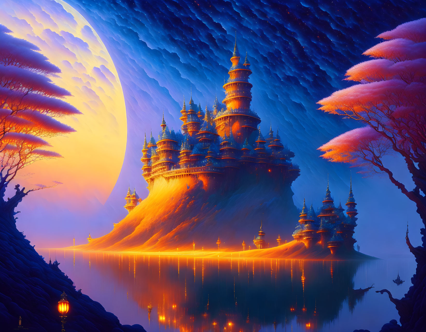 Digital artwork: Mystical Asian palace with pagodas under moon by tranquil lake.