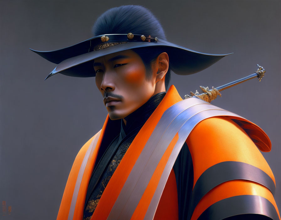 Digital Artwork: Man in East Asian Warrior Attire with Black Hat, Sword, and Orange Armor