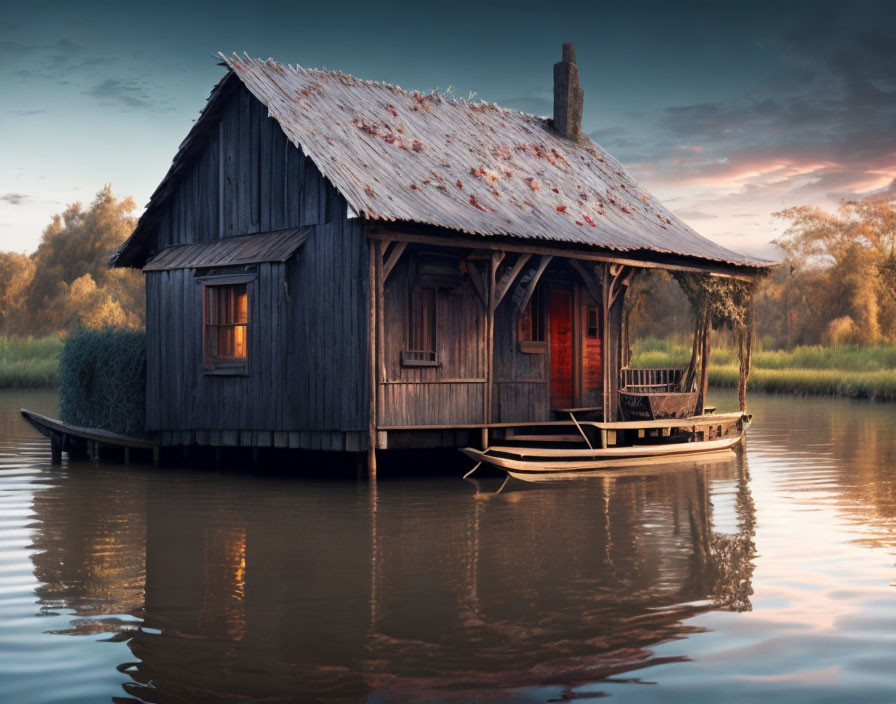 Tranquil Sunset Scene: Old Wooden House on Stilts in Calm Water
