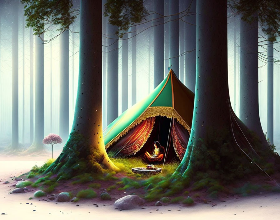 Colorful Tent Illustration in Enchanted Forest with Misty Atmosphere