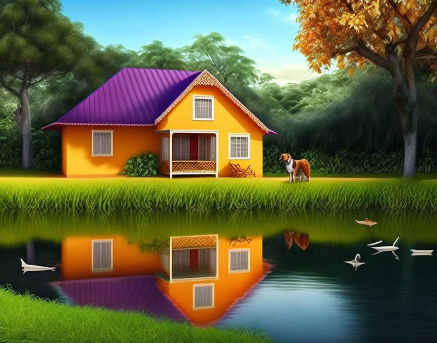 Vibrant lakeside illustration with orange house, green yard, dog, water reflection, origami