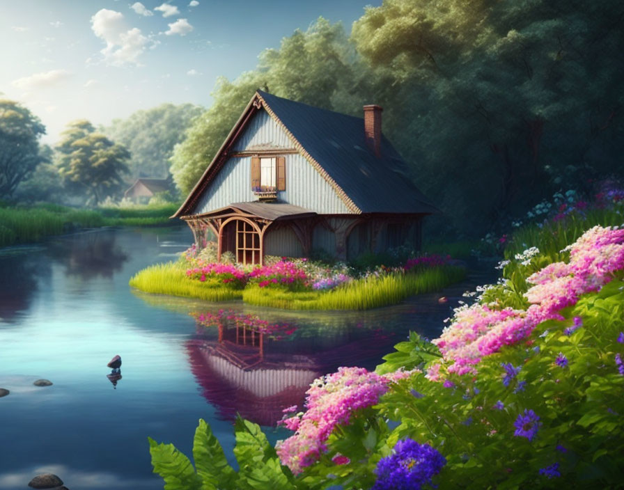 Tranquil cottage on green island with pond, flowers, and duck
