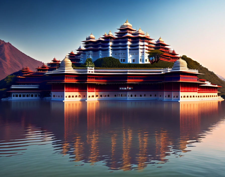 Traditional Asian Palace with Tiered Roofs Reflecting on Water at Dusk