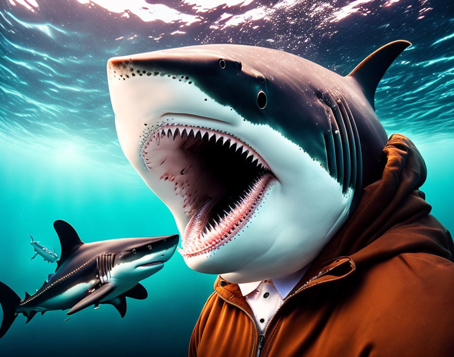 Diver in orange jacket encounters two sharks underwater
