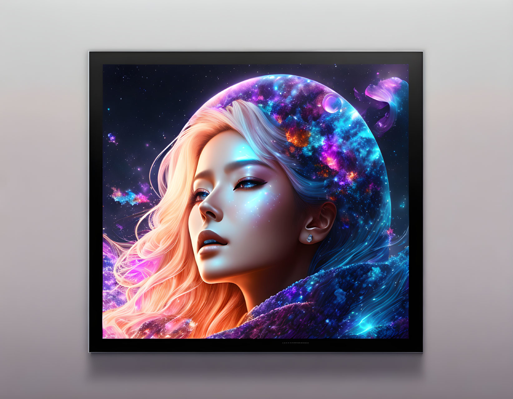 Galaxy-themed digital portrait of a woman in black frame