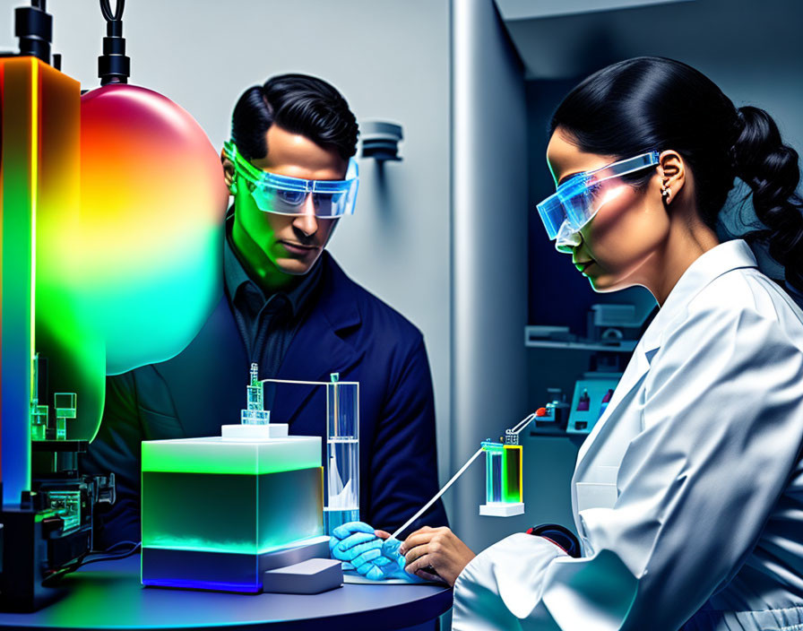 Scientists in lab with colorful substances and protective eyewear conducting experiments.