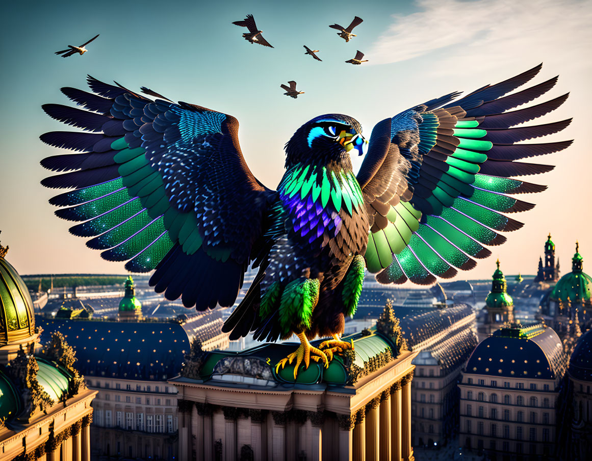 Colorful stylized eagle perched on classical building with cityscape background