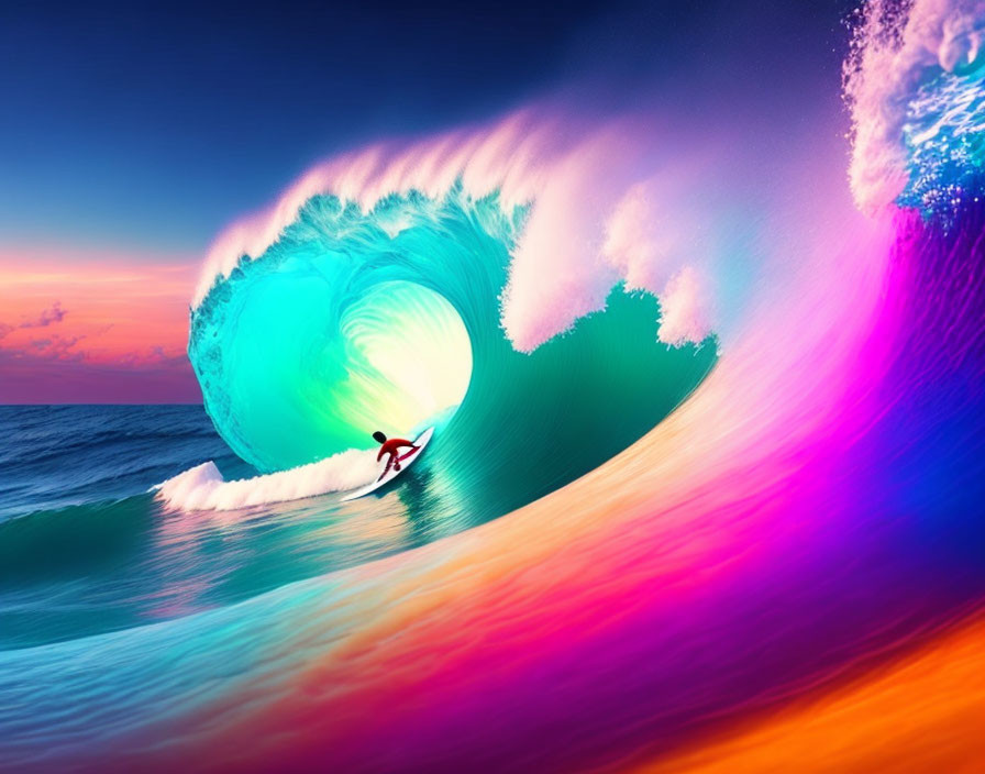Surfer riding vibrant, multicolored wave at sunset